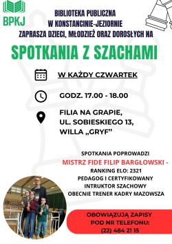 Spotkania z szachami - zajęcia cykliczne w filii na Grapie 02, 09, 16, 23, 30 lipca