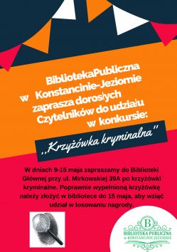 9-15 maja Biblioteka Główna zaprasza do udziału w konkursie "Krzyżówka kryminalna".