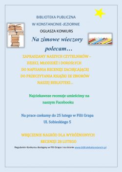 Biblioteka Publiczna w Konstancinie-Jeziornie ogłasza konkurs "na zimowe wieczory polecam…"