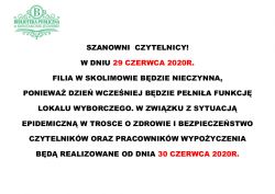 29 czerwca 2020r. Filia w Skolimowie będzie nieczynna.