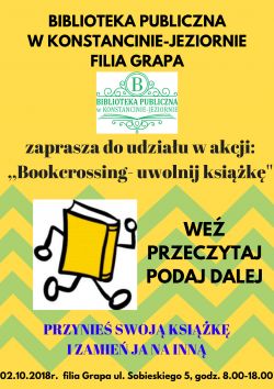 2 października Filia Grapa zaprasza do udziału w akcji ,,Bookcrossing- uwolnij książkę''