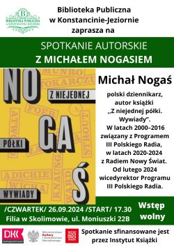 Spotkanie autorskie z Michałem Nogasiem w filii w Skolimowie 26.09.2024 r.