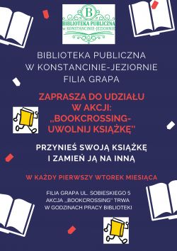 Filia Grapa zaprasza w każdy pierwszy wtorek miesiąca na akcję ,,Bookcrossing- uwolnij książkę''.
