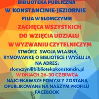 Rymowanka o bibliotece w filii w Słomczynie 26-30.06.2023 r.