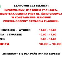 Zmiany godzin otwarcia Biblioteki Głównej - 17.01.2022r.