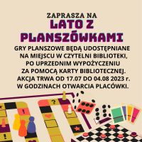 ,,Lato z planszówkami'' w filii na Grapie 17.07-04.08.2023 r.