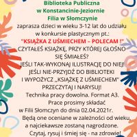 Filia w Słomczynie zaprasza dzieci do udziału w konkursie plastycznym pt.: "Książka z uśmiechem - polecam!"