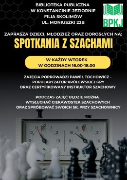 Spotkania z szachami - zajęcia cykliczne w filii w Skolimowie 01, 08, 15, 22, 29 września